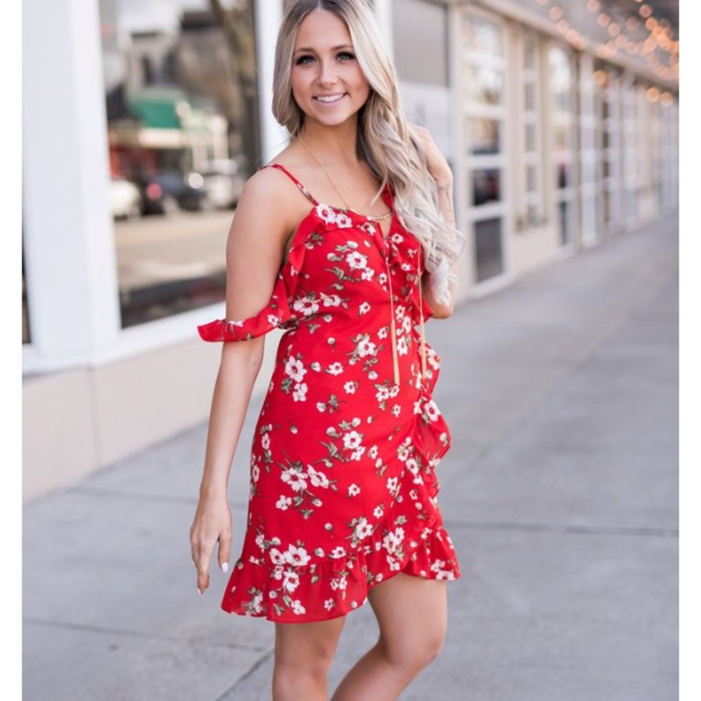 Red floral wrap dress